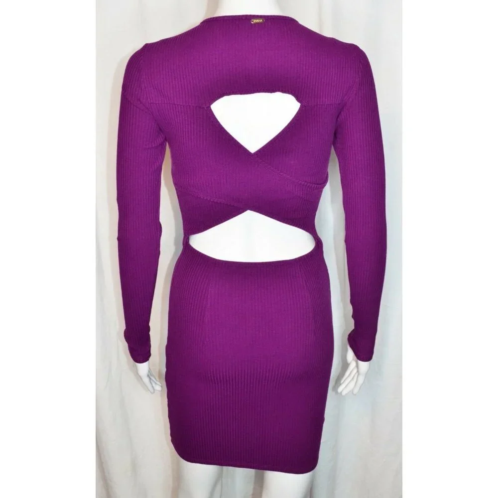 Bebe Bodycon Ribbed Cutout Back Long Sleeve Dress Purple Size S/P